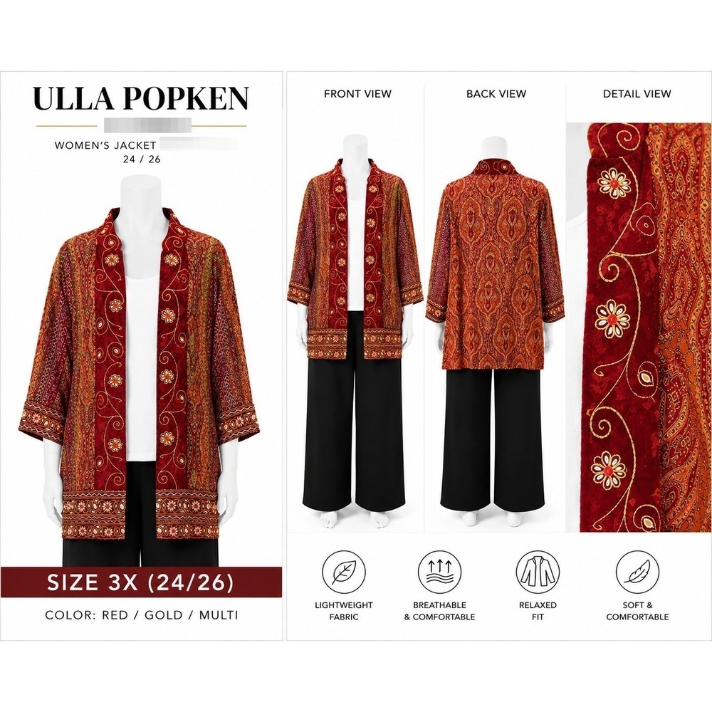 Ulla Popken Womens Red Gold Floral Paisley Open Front Jacket Size 3X 24/26 35320